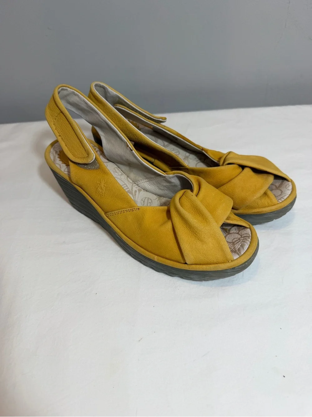Fly London Yakin mustard yellow leather wedge platform sandals size 39